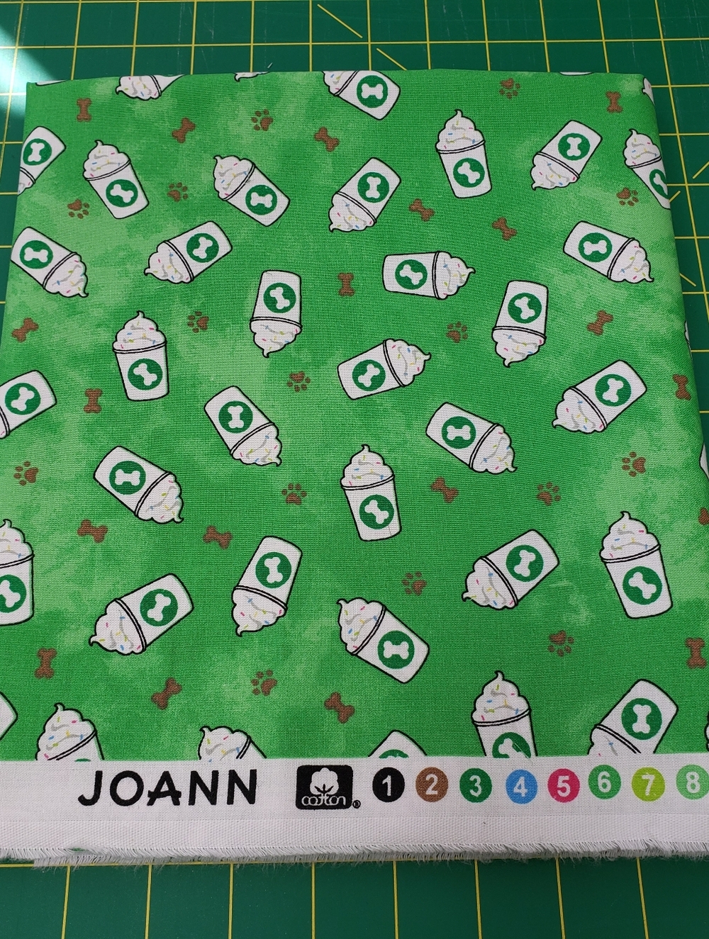 Tossed Pup Cups Puppuccino Green Cotton Bone Fabric Dog Puppies sold By  1 Yard